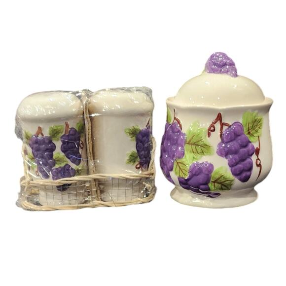 Grapevine Sugar Bowl with Lid, Salt & Pepper Shakers Condiment Set Grape Motif - Picture 1 of 5